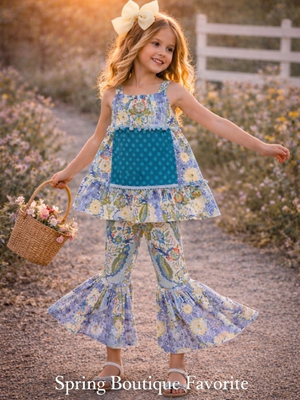 Matilda Jane Inspired Girls Floral Ruffle Bell Bottom Set Blue Boho Boutique